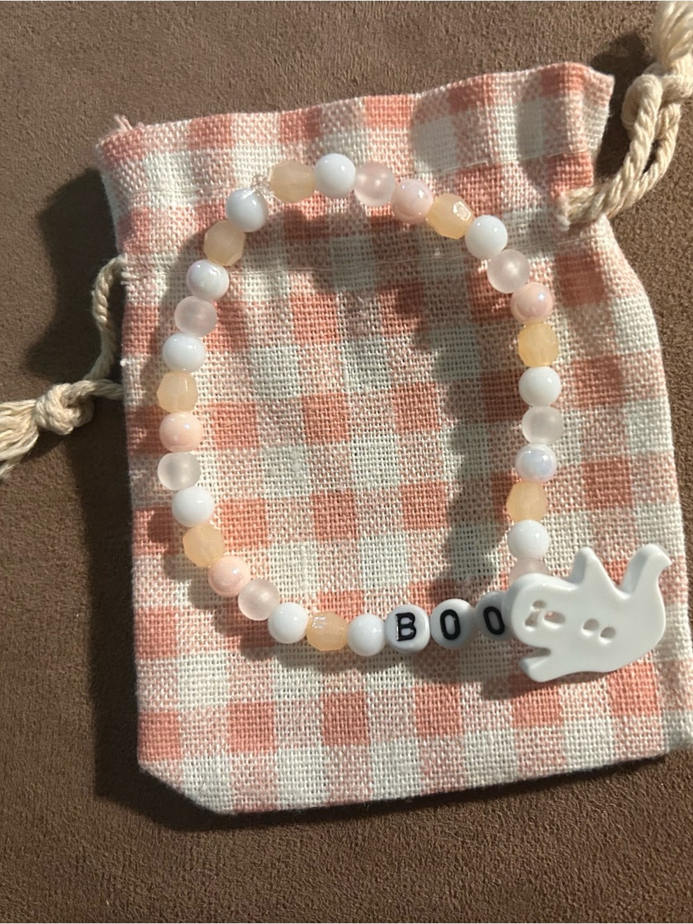 Medium Boo' Ghost Beaded Bracelet - White & Peach with drawstring bag